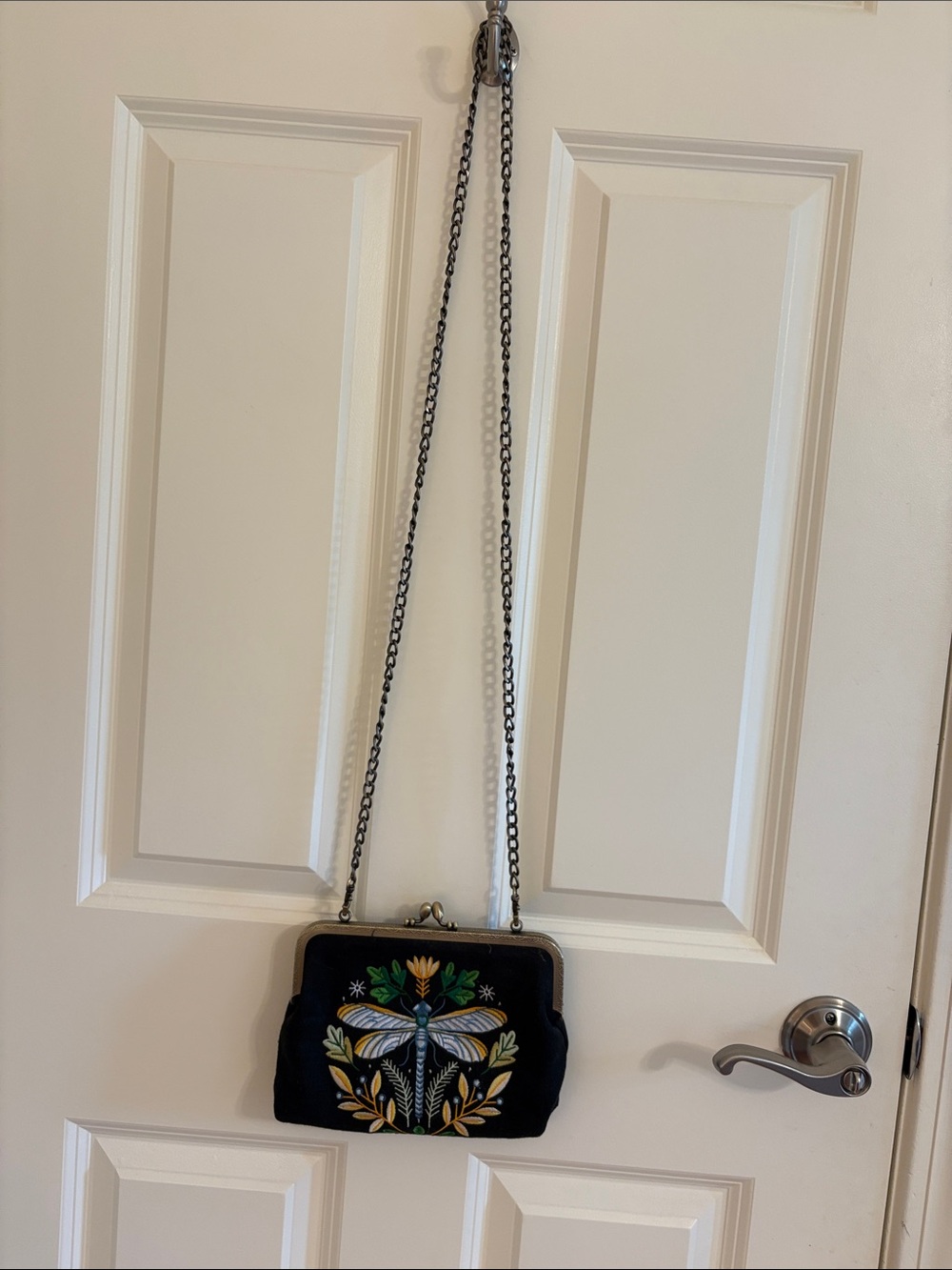 Embroidered Black Crossbody Purse with Floral Dragonfly Motif